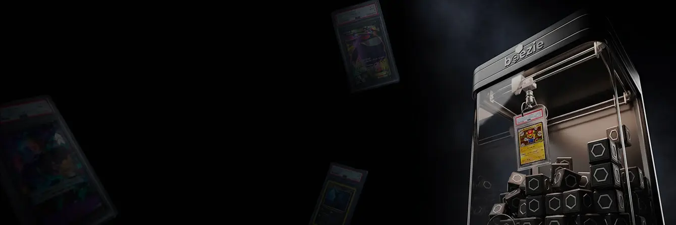 Official Beezie artwork featuring collectible cards and claw machines