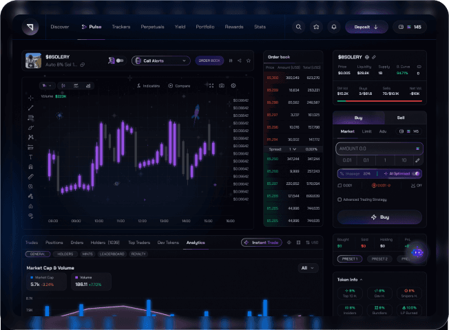 Glyde trading terminal with a price chart, order panel, and market analytics