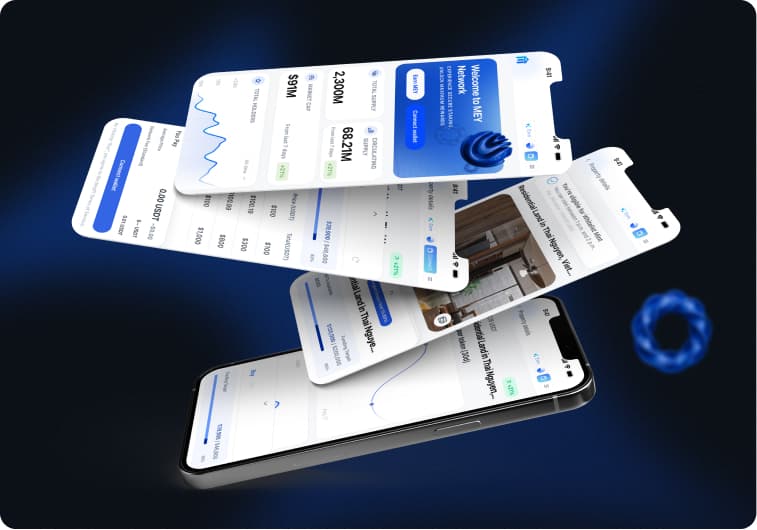 Mey Network investor portal screens across a mobile product presentation