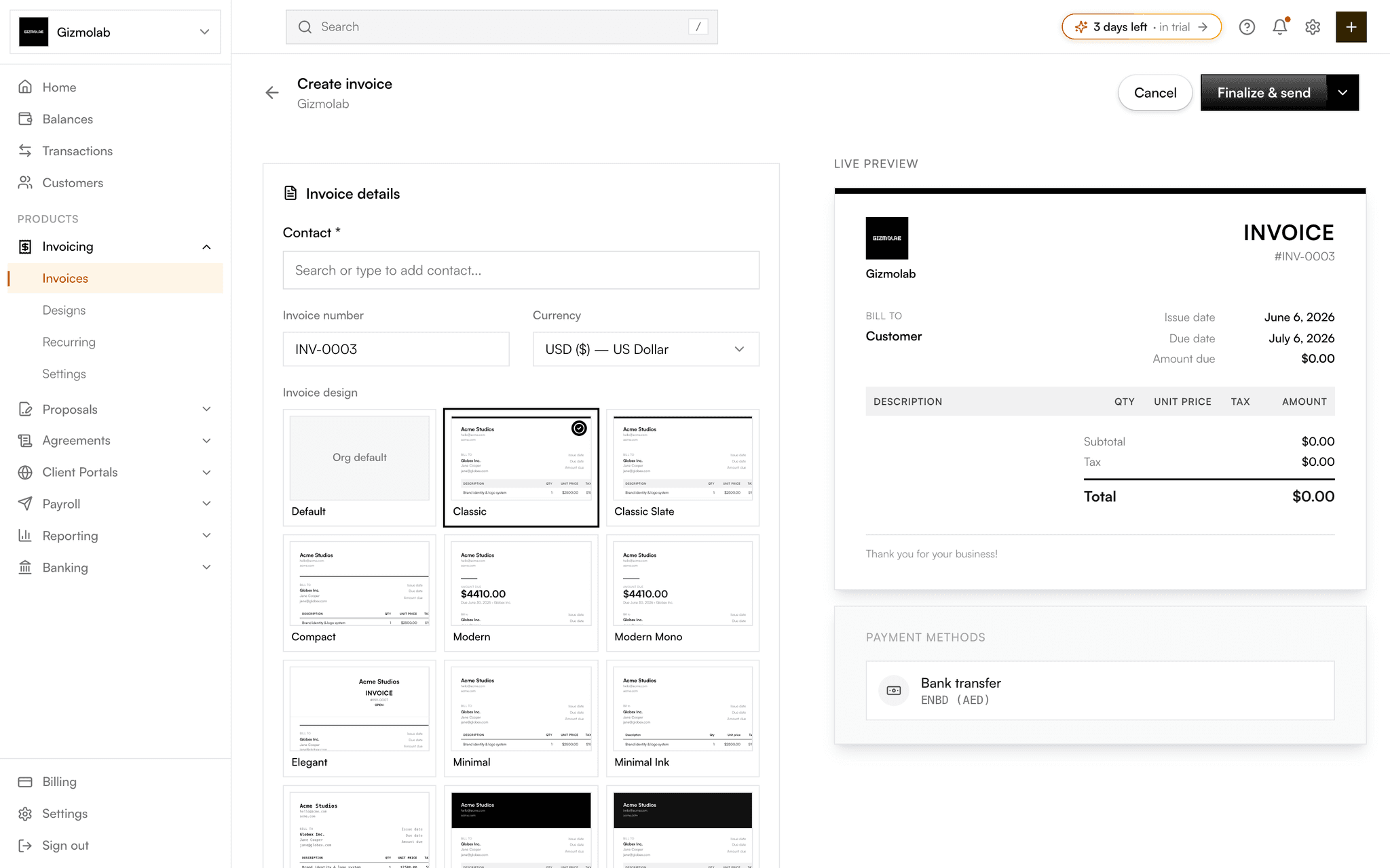 The Hanko invoice editor, showing invoice details and client information